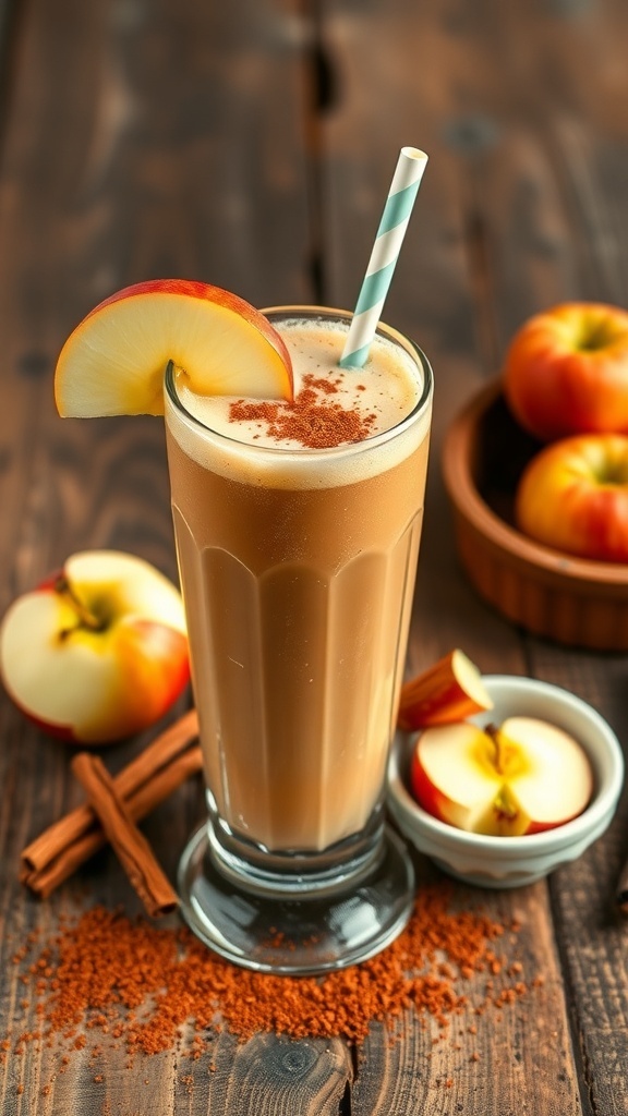 A tall glass of Cinnamon Apple Smoothie garnished with cinnamon and apple slice, on a wooden table with fresh apples.